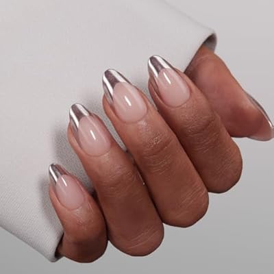 VSALON Press On Nails Short Almond, 32 Pcs 16 Sizes Silver Nude Chrome French Tip Fake Nails Metallic Nails Kit With UV Cure Glue, Reusable Stick Press Ons False Nails With Glue Summer Gift For Women