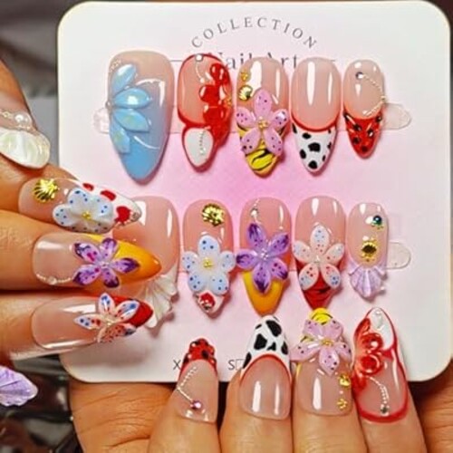 Handmade Acrylic Press On Nails Almond, 3D Press On Nails Medium, Flower 3D Red Nails French Tip Preal Shell Leopard For Women Gift, Reusable Stick On Fake Nails Kit With Nail Glue(Lush Garden-M)