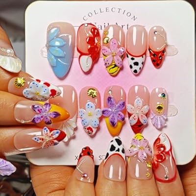 Handmade Acrylic Press On Nails Almond, 3D Press On Nails Medium, Flower 3D Red Nails French Tip Preal Shell Leopard For Women Gift, Reusable Stick On Fake Nails Kit With Nail Glue(Lush Garden-S)