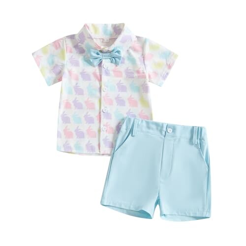 Rtnnsbbfcm Toddler Baby Boy Easter Outfit Short Sleeve Bunny Print Bow Tie Button Down Shirt Top Shorts 2Pcs Set (Blue, 18-24 Months)