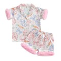 Ayalinggo Baby Girl Easter Pajamas Toddler Kids Egg Bunny Pjs Feather Trim Satin Sleepwear Nightgown Button Down Shorts Set (Pink Egg, 4-5 Years)