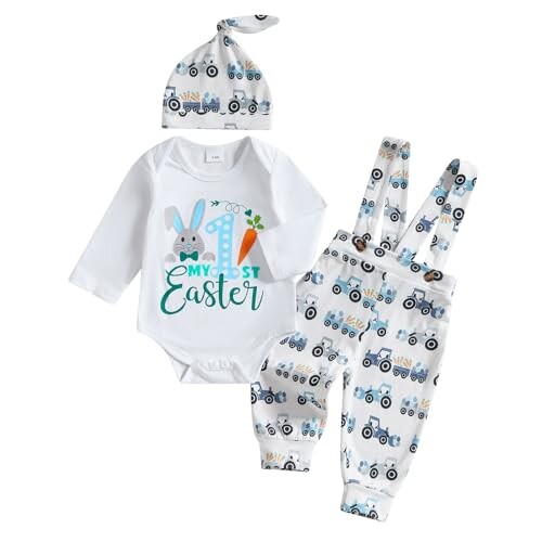 BeQeuewll Easter Newborn Baby Boy 3PCS Clothes Set Infant Long Sleeve Romper Bunny Carrot Suspender Pants Overalls Outfits (1st easter, 3-6 Months)