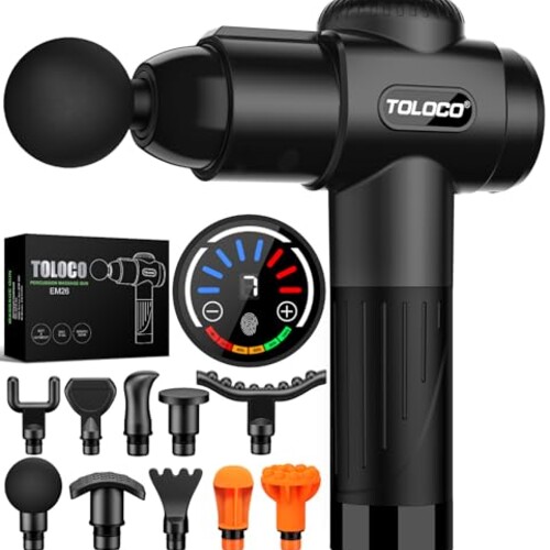 TOLOCO Massage Gun, Deep Tissue Back Massage for Athletes for Pain Relief, Percussion Massager with 10 Massages Heads & Silent Brushless Motor, Gifts for Fathers Day, Black