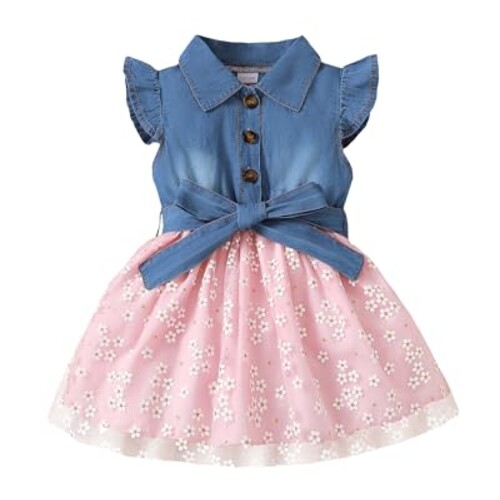 4T 5T Girl Clothes Toddler Pink Summer Dresses Little Toddler Girl Clothes Cute Kids Denim Ruffle Short Sleeve Tulle Dresses Party Swing Sundress