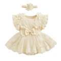 ZAXARRA Infant Baby Girl Lace Romper Baby Tulle Dress Romper Flowers Bodysuit Spring Summer Festival Clothes with Headband (Apricot, 12-18 Months)