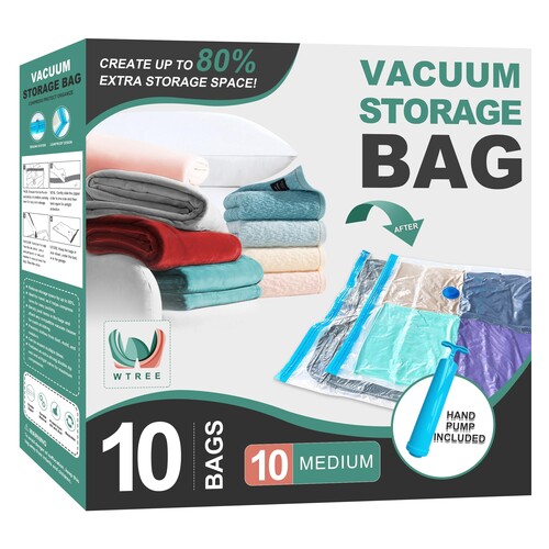 WTREE Vacuum Storage Bags, Space Saver Bags, Vacuum Sealed Bags for Comforters, Blankets, Clothes Storage, Hand Pump Included, 10-Medium