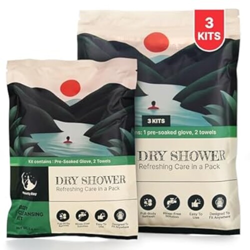 Mounty Ray Rinse Free Bath Sponge Kits (Pre-Soaked Shower Glove & 2 XL Towels) - Body Wash for Camping - Rinse-free Bath Sponges - Adult Cleaning Wipes for Body(3-Pack) - Water is Not Included