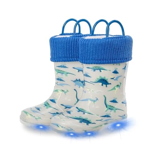 EUXTERPA Toddler Kids Light Up Rain Boots Waterproof Warm Fleece Lined Boots for Boys Winter Snow Boots, Grey Dinosaur, Size 7