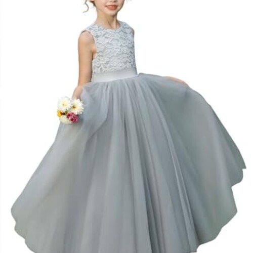 HEWEGO Elegant Ivort First Communion Dress for Girls Puffy Tulle Princess Pageant Dress with HIgh Waist Design Crew Neck A-Line Ceremony Dress Size 8 Grey