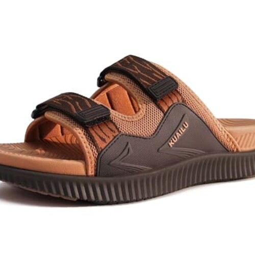 KuaiLu Mens Walking Slide Sandals Orthotic Athletic Thick Cushion Recovery Sport Sandles Adjustable Strap Open Toe Slip On Yoga Mat Slippers Comfortable Plantar Fasciitis Arch Support Khaki Size 12