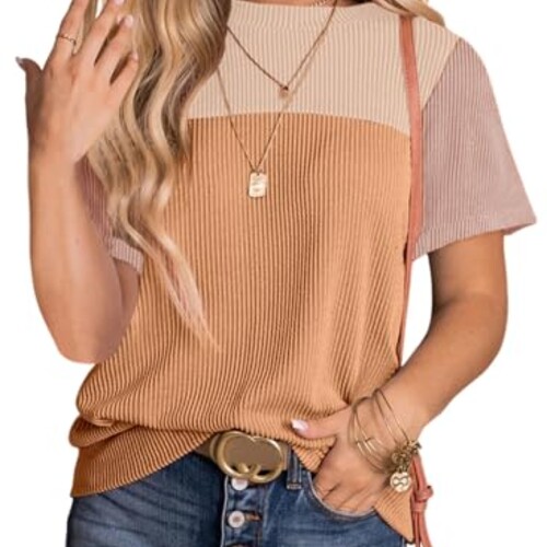 Dokotoo Shirts for Women Color Block Crewneck Short Shirt Cute Valentines Blouses Spring Summer Casual Loose Tops and Blouses 2025 Orange Small