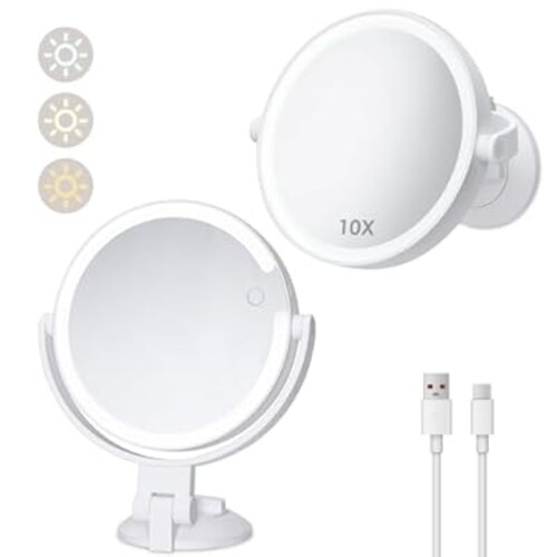 1X 10X Magnifying Shower Mirror with Lights, Rechargeable Lighted Manification Shaving Mirror No Drilling Locking Suction Mount, Double Sided 360° Bathroom Mirror for Men, Tabletop Makeup Mirror