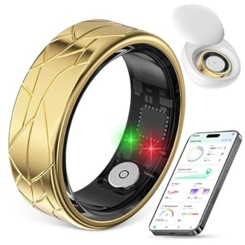 Smart Ring, Health & Fitness Tracker with Heart Rate Monitor, Sleep Tracking,5ATM Waterproof, Gesture Controls for Short Video,Compatible with iPhone Android(Gold,12)