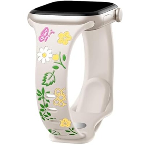 Haveda Floral Engraved Slim Band Compatible with Apple Watch Bands for Women 40mm 41mm 38mm 42mm 44mm 45mm 46mm, Thin Soft Silicone Inlay Sport Strap for iWatch Series 10 9 SE 8 7 6 5 4 3 2 1 Ultra