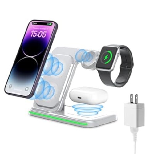 Wireless Charger for Multi Devices 3 in 1 Foldable Fast Charging Station Stand Compatible for iPhone 16 15 14 13 12 Pro for Apple Watch Series for AirPods 4 3 2 Pro for Samsung Galaxy Android (White)