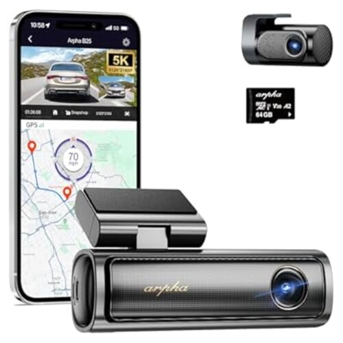 Arpha B25 5K Dash Cam with 5G WiFi 64GB SD Card, ADAS Dash Cam Front and Rear GPS, Voice Control WDR Night Vision G-Sensor 24H Parking Monitor, Easy to Install, Max Up Support to 256GB