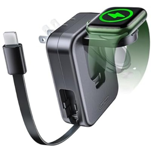 AFLYDOG for Apple Watch Charger Block, 2 in 1 Wall Charger with Built-in Retractable Charging Cable, Travel Foldable Plug Power Adapter Compatible with iPhone iWatch (Black)