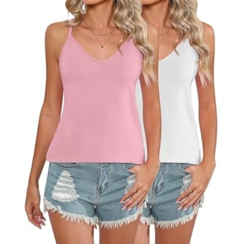 Riyiper 2 Pcs Womens Strappy Tank Tops V Neck Shirts Blouse Women Sleeveless Camisole Spaghetti Strap Tanks Blouse