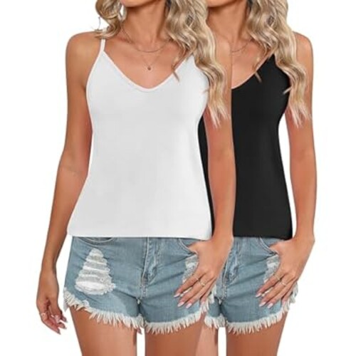 Riyiper 2 Pcs Womens Strappy Tank Tops V Neck Shirts Blouse Women Sleeveless Camisole Spaghetti Strap Tanks Blouse