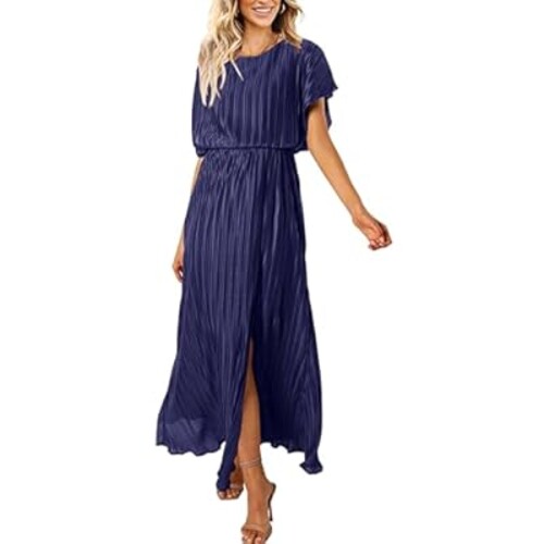 ECOWISH Summer Maxi Dress Women Cocktail Formal Wedding Guest Long Short Sleeve Pleated Dresses Empire Waist Crew Neck Slit