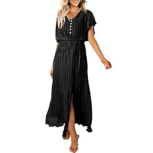 ECOWISH Summer Maxi Dress Women Cocktail Formal Wedding Guest Long Short Sleeve Pleated Dresses Empire Waist Crew Neck Slit