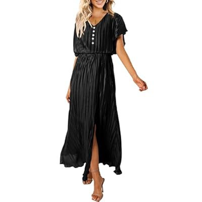 ECOWISH Summer Maxi Dress Women Cocktail Formal Wedding Guest Long Short Sleeve Pleated Dresses Empire Waist Crew Neck Slit