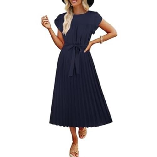 ECOWISH Summer Maxi Dress Women Cocktail Formal Wedding Guest Long Short Sleeve Pleated Dresses Empire Waist Crew Neck Slit