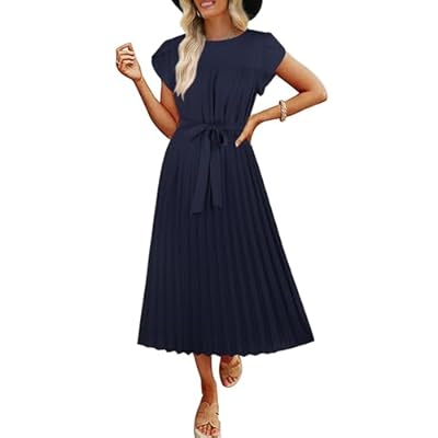 ECOWISH Summer Maxi Dress Women Cocktail Formal Wedding Guest Long Short Sleeve Pleated Dresses Empire Waist Crew Neck Slit