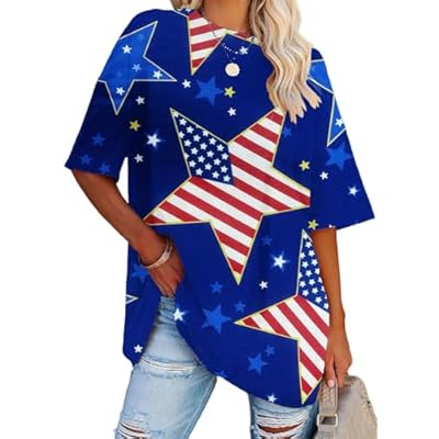 SNYUMEG Oversized American Flag Shirt Women 4th of July Tshirt USA Star Stripes Patriotic Short Sleeve Tops