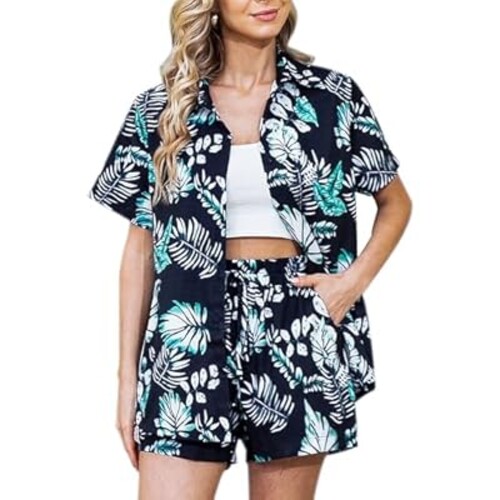 Hawaiian Outfits for Women Summer 2 Piece Vacation Beach Tropical Button Down Shirt and Shorts Tracksuit Lounge Set
