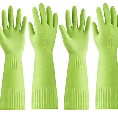 Disfore 2 Pairs of Durable Rubber Gloves, Reusable Non-Slip Cleaning Gloves, Long Sleeve Waterproof Dishwashing Gloves to Protect Your Hands, Soft and Comfortable Premium Kitchen Gloves, Large Green
