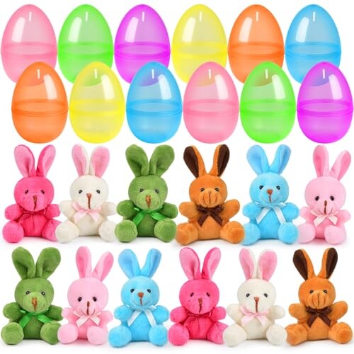 FLY2SKY 12 Packs Easter Egg Basket Stuffers Plush Bunny Plastic Easter Eggs Fillers Kids Party Favors Surprise Easter Eggs Hunt Games Supplies Birthday Gifts Toddler Girls Toys Goodies Bags