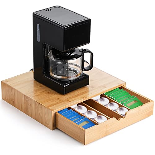 Peohud Bamboo K Cup Holder, Bamboo Coffee Cup Drawer, Coffee Pod Holder Tea Bag Storage Organizer for Kitchen Office Coffee Bars