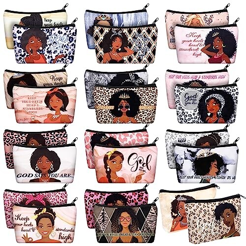 Talltalk 24 Pcs Black African Women Makeup Bag Toiletry Canvas Makeup Bags Zipper Cosmetic Pouch Reusable Multi Purpose Organizer for CNA Week Inspirational Gifts