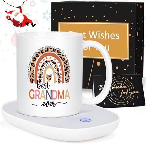 LiqCool Gifts for Grandma, Best Grandma Ever Coffee Mug Warmer & Heated Mug, Great MiMi Gifts from Grandkid on Christmas Birthday Mother's Day(11Oz, White)
