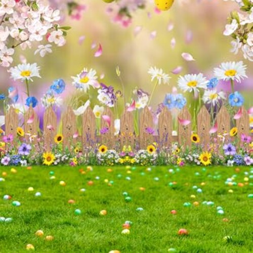CYLYH 5x7ft Happy Easter Backdrop Spring Easter Garden Photography Backdrop Fence Fence Colorful Eggs Background Children Easter Party Banner