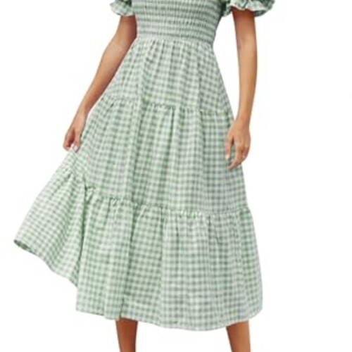 ZESICA Women's 2025 Bohemian Summer Plaid Square Neck Puff Sleeve Ruffle Flowy Beach Midi Dress,Green,Medium