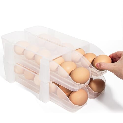 PIUGERU Egg Holder for Fridge, Automatic Rolling Egg Container for Refrigerator for 24 Eggs, Clear Assembled Plastic Egg Storage Dispenser with Lid, Stackable Eggs Organizer, 4 Pack
