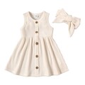 PATPAT Baby Girls Sleeveless Dress Infant Crewneck Solid Rib Knit Tank Skirt Dress Headband 12-18 Months