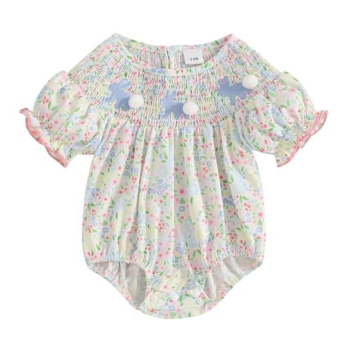 Lucikamy Baby Girl Easter Outfit Newborn Bunny Embroidery Smocked Bubble Romper Ruffle Bodysuit Cute Infant Easter Clothes (K Green, 3-6 Months)