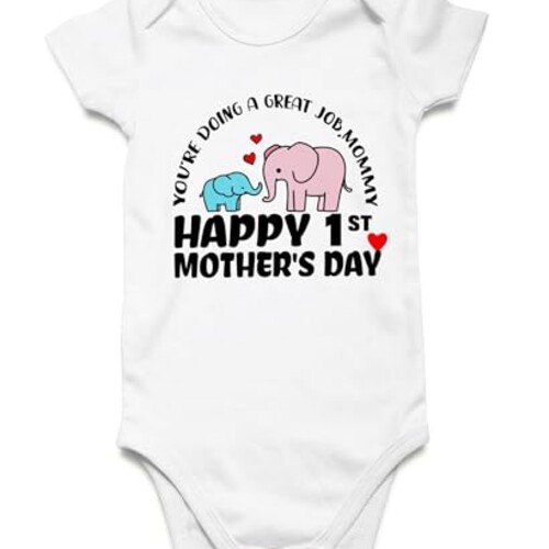 RAISEVERN Happy 1st Mother's Day Baby Boy's Clothes 3-6 Months Elephant Newborn Boy Girl Outfit Announcement Sayings Bodysuit Unisex Funny Infant Romper