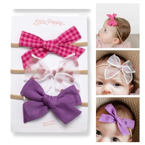 Little Poppy Co. Three Hair Bows Set - Stylish Handmade Accessories for Newborns,Babies and Toddlers | Premium Quality Headbands