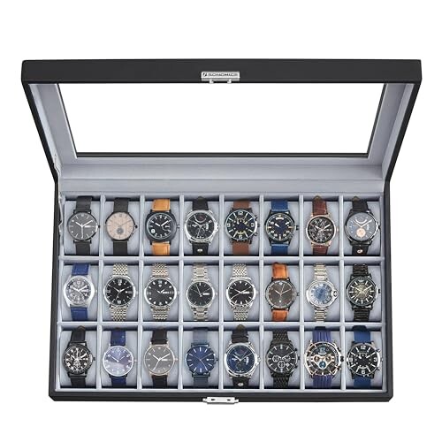 SONGMICS 24-Slot Watch Box, Lockable Storage Case With Glass Lid, Ink Black Synthetic Leather, Dove Gray Lining, Gift Idea UJWB024
