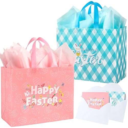 STYPOP 13" Large Easter Gift Bags with Tissue Paper,2 Pack Easter Bags with Handles for Kids - Perfect for Egg Hunts, Gifts & Treats (Pink, Blue)