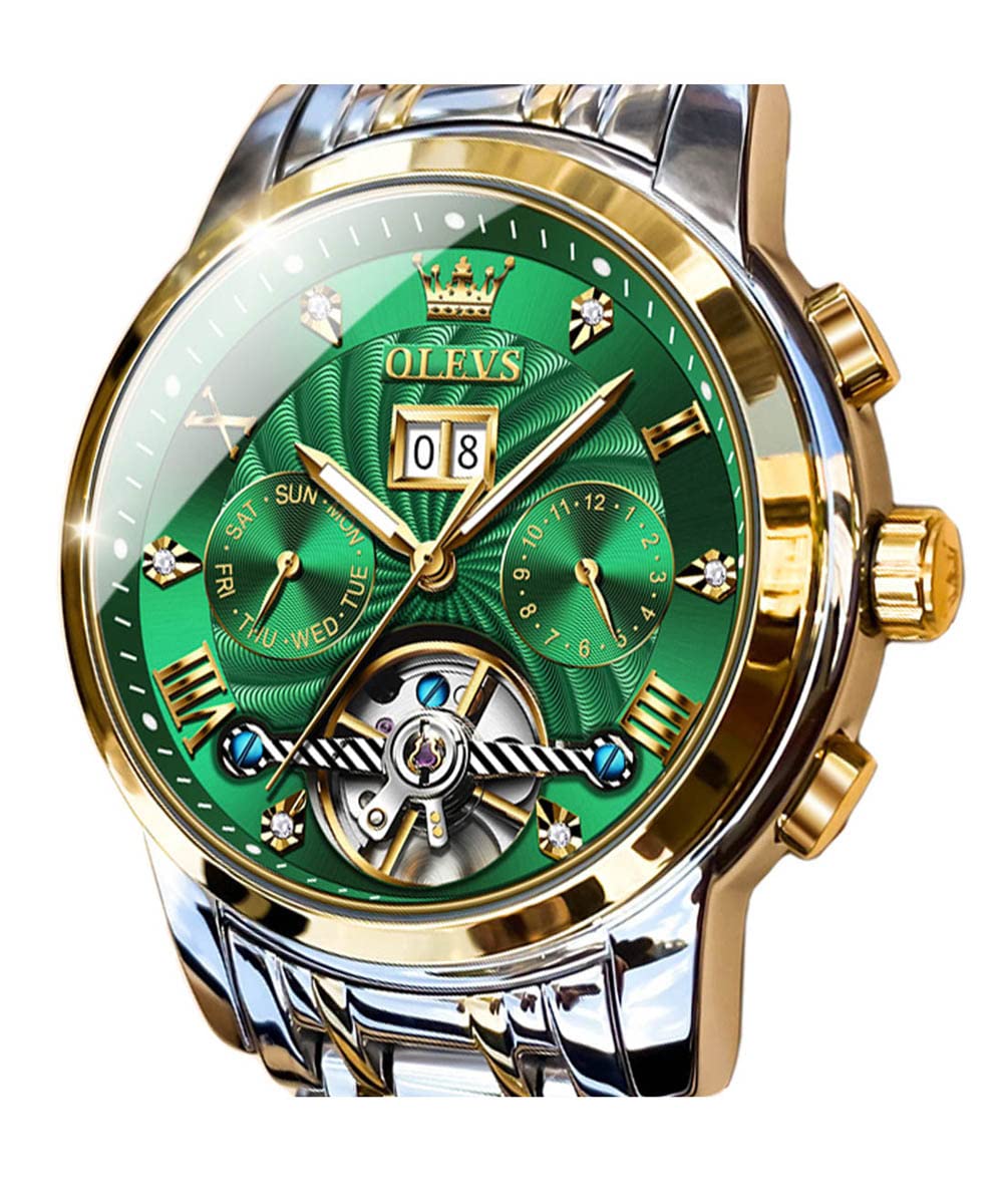 OLEVS Men Automatic Watch Skeleton 5 Hands Mechanical Classic Luxury Multi Calendar Stainless Steel Waterproof Wrist Watch for Men