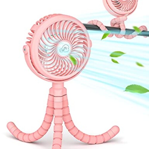 Creiv Stroller Fan, Baby Stroller Fans Clip On Car Seat, Battery Operated Portable Fan with 3 Level Wind Speeds and LED Lighting Available for Stroller, Car Seat and more (PINK)