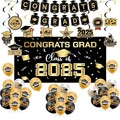 2025 Graduation Decorations, Black Class of 2025 Banner Hanging Swirl, Balloons and Honeycomb for Congrats Grad Party Decorations