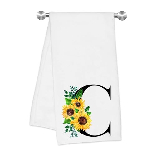 Z-synka Monogrammed Sunflower Hand Towels,Ini-tial C Tea Towel Letter Kitchen Towels,Sunflower Gifts for Women,Monogram Dish Towel 17x23 Inch,Kitchen Bathroom Decorative Ini-tial Gifts for Mom Wife