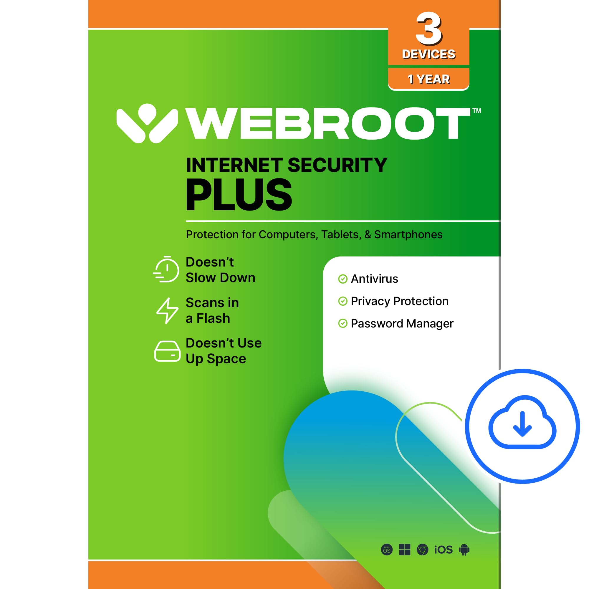Webroot Internet Security Plus Antivirus Software 2026 3 Device 1 Year Download for PC/Mac/Chromebook/Android/IOS + Password Manager
