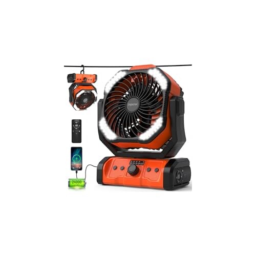 kejector Battery Powered Fan Rechargeable - 24000mAh 3-in-1 Portable Camping Fan with LED Lights, USB C, Auto Oscillating Operated Fan for Tents, Travel, BBQ, Fishing, Home, Office, Camper Essentials